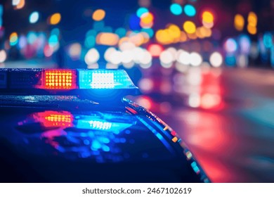 Police car lights at night in city with selective focus and bokeh