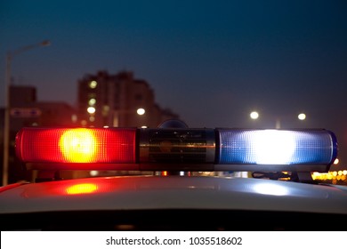 Police Car At Night, Lights Flashing In Seoul