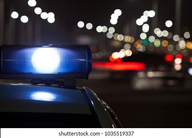 Police Car At Night, Lights Flashing In Seoul