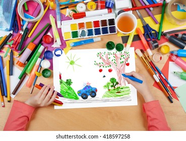 Police Car On Outdoor, Child Drawing, Top View Hands With Pencil Painting Picture On Paper, Artwork Workplace