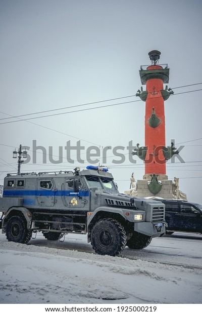 a police\
car on the streets of St. Petersburg, on the spit of Vasilievsky\
Island.  22.02.2021 Saint\
Petersburg