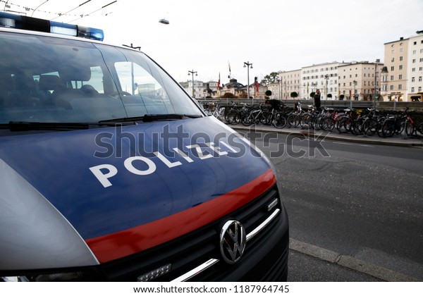 A police car is seen outside of police\
station in Salzburg, Austria on Sep. 22,\
2018