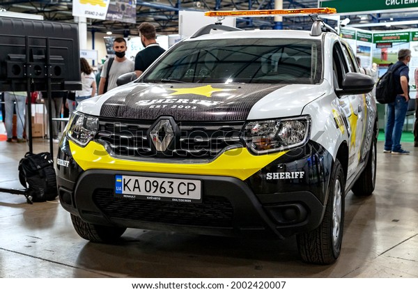 Police car. Sheriff\'s RENAULT car at the\
international exhibition ARMS AND SECURITY - 2021. Selective focus.\
Kiev. Ukraine - June 18,\
2021.
