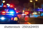 Police cars at night. Police car chasing a car at night. 911 Emergency response police car speeding to scene of crime. Selective focus on cars