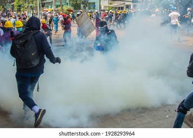 Police Cracked Down On The Crowd With Tear Gas Into Protesters In Yangon, Myanmar On 3 March 2021.