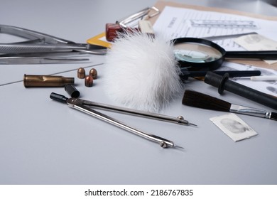 Police Crime Lab, Items For Forensics And Evidence On A Gray Background