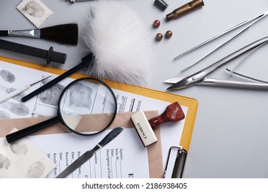 Police Crime Lab, Items For Forensics And Evidence On A Gray Background