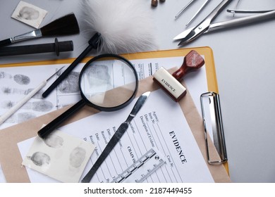 Police Crime Lab, Items For Forensics And Evidence On A Gray Background