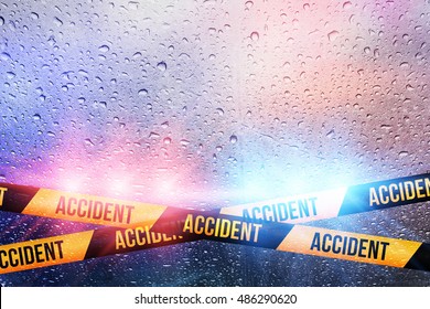 Police Crime Scene, Rain Background With Police Lights And Accident Tape