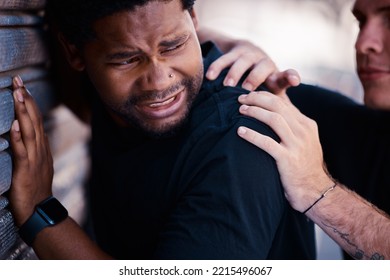 Police, Crime And Search With Suspect Being Arrested In A Street, Justice, Law And Criminal. Jail, Legal And Police Patrol With Black Man In Power Struggle With Official Officer Downtown Outdoors