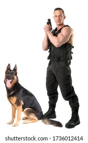 Police Dog And Agent With Tactical Vest And Gun Isolated In White