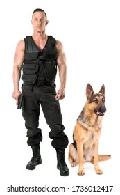 Police Dog And Agent With Tactical Vest And Gun Isolated In White