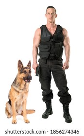 Police Dog And Agent With Tactical Vest And Gun Isolated In White