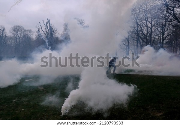 Police fire tear gas against the\
violent demonstrators and sprays them with the water cannon from\
the special vehicle in Brussels, Belgium on January 23,\
2022.