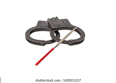 Police Handcuffs And A File On A White Isolated Background