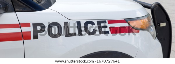 Police -\
Inscription on the car. Panoramic\
image