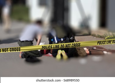 Police Line Cross With Blurred Medic Law Enforcement  Background In Active Shooter Scenario And Medical Evacuation Training Scenario With Copy Space