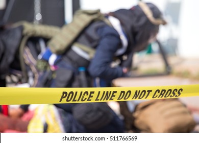 Police Line Do No Cross With Blurred Law Enforcement Searching Background In Academy Training