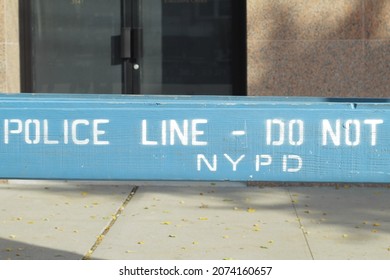 Police Line, Do Not Cross, NYPD Blue Wooden Barricade On Closed Street In The Bronx, New York City