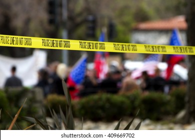 Police Line Tape Used For Crowd Control At A Peaceful Protest.