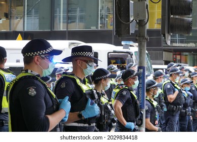 Police Officer At Anti Lockdown Protest During Covid Lockdown In Melbourne CBD, Australia 21 August 2021