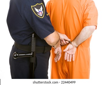 Police Officer Transferring Handcuffed Prisoner In Orange Jump Suit.  Closeup View On White Background.