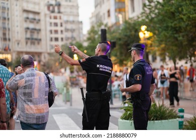 Police Officers At Pride March Event For Public Safety. Flag As Symbol Of LGBT Community: VALENCIA, SPAIN - 2022 June 25