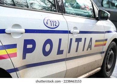 Police patrol car in Romania. Side view of a police car with the lettering "Police".