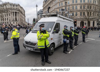 Police Protect A Facial Recognition Van With Loud Speaks During An Anti Lockdown Protest In London, UK. 20.03.21