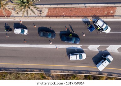 Police Roadblock On A Highway, With Traffic, Aerial View.