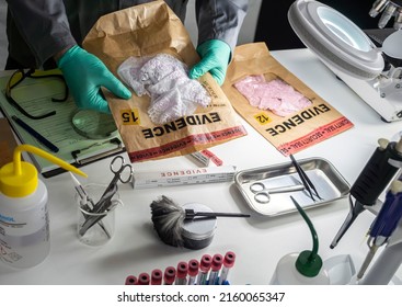 Police Scientist Holds Evidence Bag With Underwear Of Sexual Assault Victim In Crime Lab, Concept Image