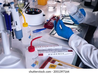 Police scientist prepares vial with distilled water in microcentrifuge, specialist investigates DNA from homicide case in crime lab