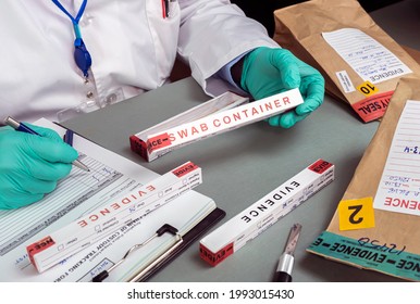 Police Scientist Takes Data From Evidence Box In Crime Lab, Conceptual Image