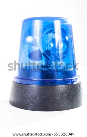 Police strobe studio photo. Emergency Light blue, spinning beacon. Glowing siren for cars. Fire protection signs. Isolated on white background. 