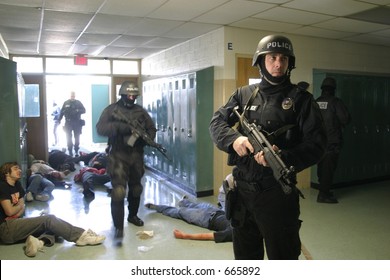 Police SWAT Team Members Practicing An Anti-terrorism Drill. Editorial Use Only.