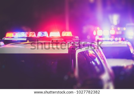 Police Time Checkpoint. Police Cruiser Lights Closeup Photo. 