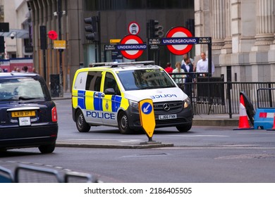 Police Van With Blue Light And Siren At London On A Cloudy Summer Day. Photo Taken August 1st, 2022, London, England.