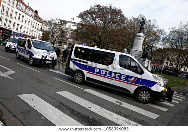 Police van walks  during Anti-facist demonstration\
against the far-right group \