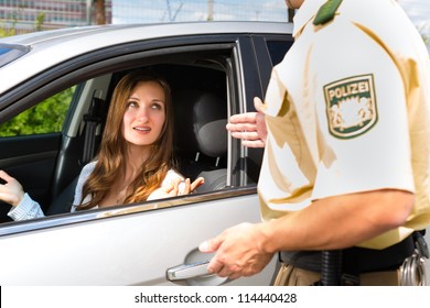 Police - Young Woman With Policeman Or Cop On The Street Or Traffic