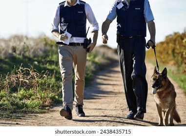 Policeman, dog and walk in field for search in crime scene or robbery for evidence, safety and law enforcement. Detective, investigation and uniform in outdoor work at countryside with gravel road