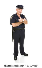 Policeman Giving The Thumbs Up Sign.  Full Body Isolated On White.