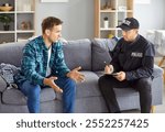 Policeman interrogating at home, officer police man in uniform, witness interview, interviewing suspected criminal, listening to complains, writing crime report gather prosecution evidence, patrolling