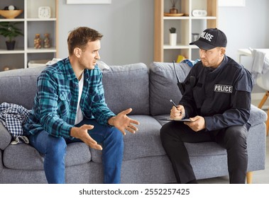 Policeman interrogating at home, officer police man in uniform, witness interview, interviewing suspected criminal, listening to complains, writing crime report gather prosecution evidence, patrolling