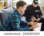 Policeman interrogating, officer police man in uniform, witness interview, interviewing suspected criminal, listening to complains, writing crime report gathering prosecution evidence, patrolling