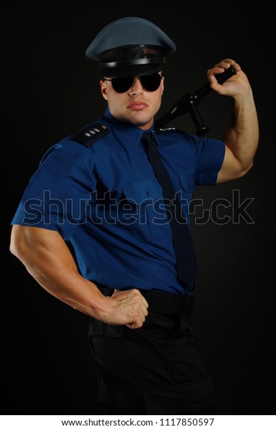 Policeman Sunglasses Uniform Poses Police Baton Stock Photo 1117850597 ...