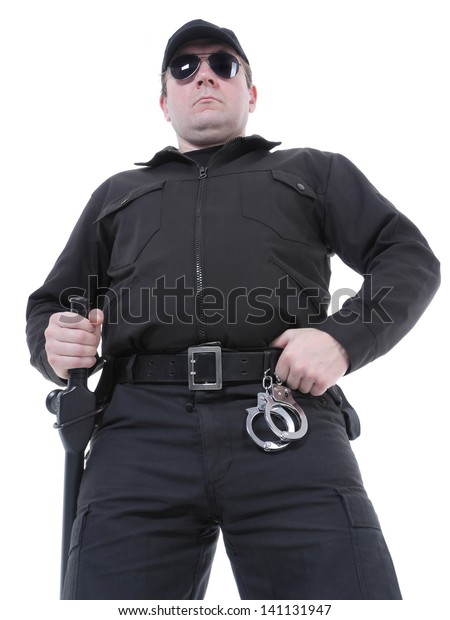 Policeman Wearing Black Uniform Glasses Standing Stock Photo 141131947 ...