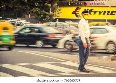 A Policeman Wearing A Mask Against Smog On October 30, 2017 In New Delhi, India. 