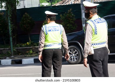 Policeman Wearing Policeman  Uniform On Duty In The Street, Medan, August 17, 2022