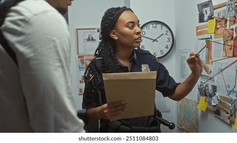 A policewoman and man collaborate at a detective board in a police station, strategizing indoor crime investigation. - Powered by Shutterstock