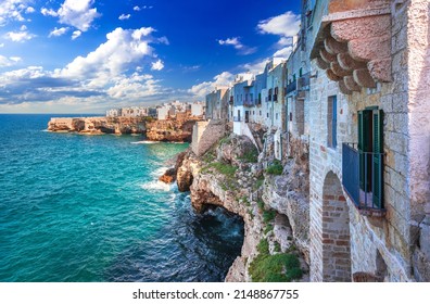 Polignano A Mare, Italy. Idyllic Coastline Of Adriatic Sea, Cala Paura Gulf Puglia Scenic View.